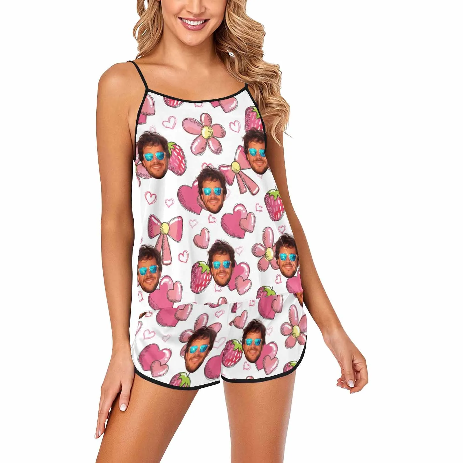 Custom Women's Spaghetti Strap Cami Short Pajama Sets with face Best gifts for her wife mom 8 Designs