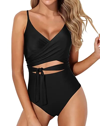 Cutout One Piece Swimsuits Women Tummy Control High Waisted Monokini-Black
