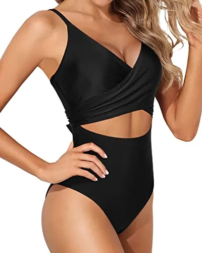 Cutout One Piece Swimsuits Women Tummy Control High Waisted Monokini-Black