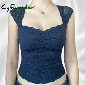 Cyflymder Y2K Fairycore Blue Floral Lace Milkmaid Tank Tops 90s Vintage Square Collar Slim Fit Vest Chic Women Retro Cute Crop Top Clothes