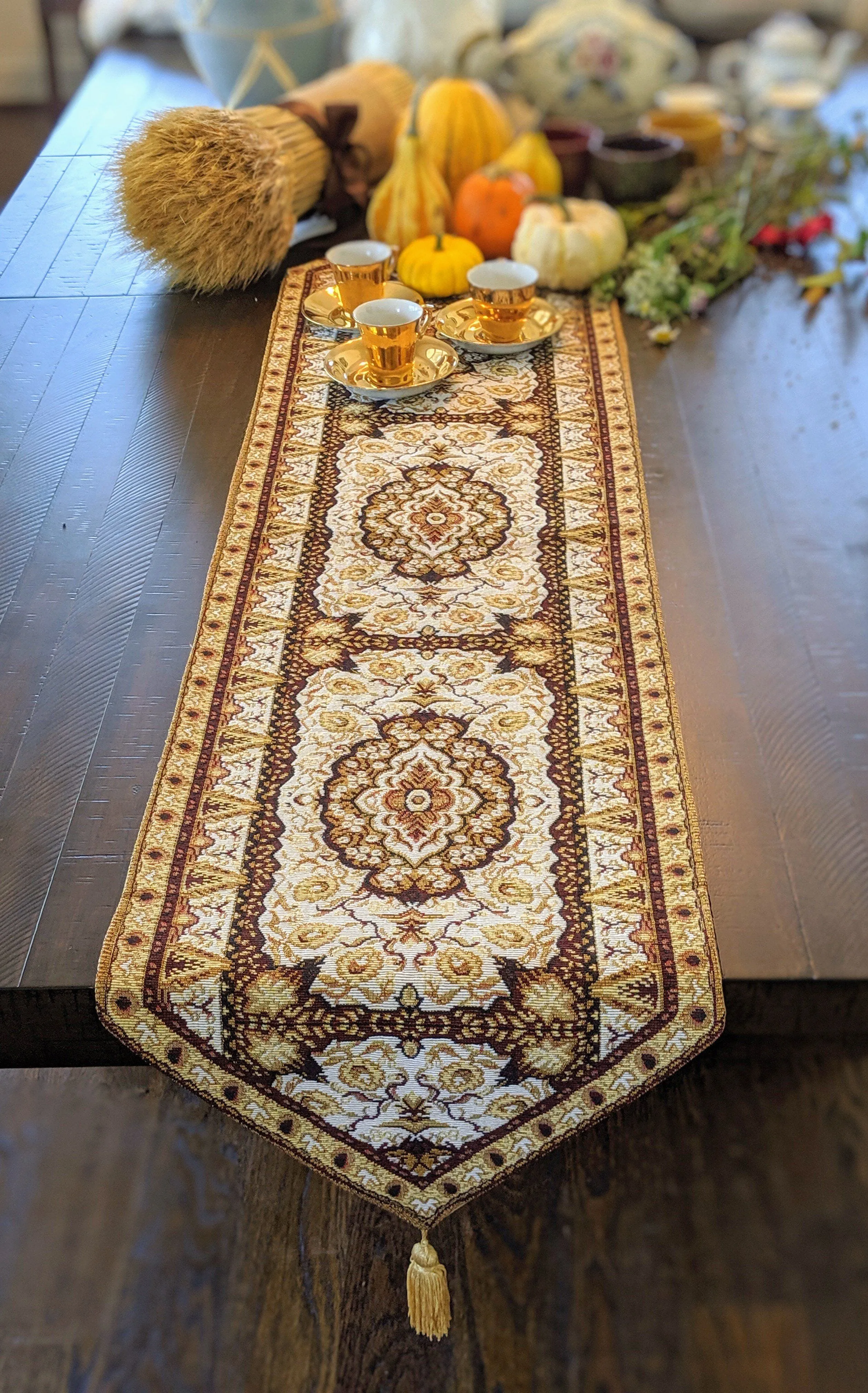 DaDa Bedding Set of 8 Pieces Persian Style Rug Golden Floral Table Woven Tapestry - 4 Placemats, 2 Table Runners, 2 Throw Pillow Covers (18119)