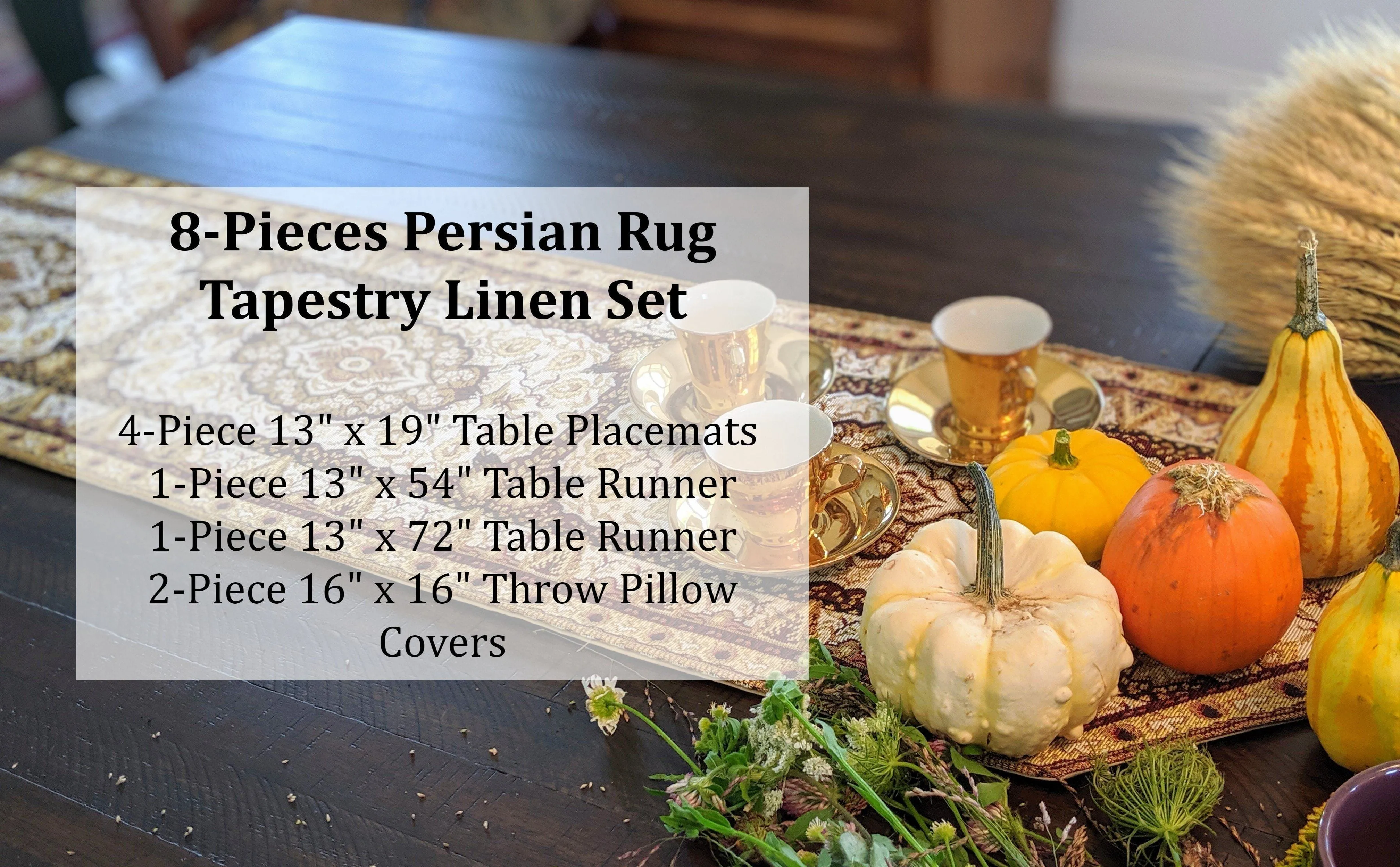 DaDa Bedding Set of 8 Pieces Persian Style Rug Golden Floral Table Woven Tapestry - 4 Placemats, 2 Table Runners, 2 Throw Pillow Covers (18119)
