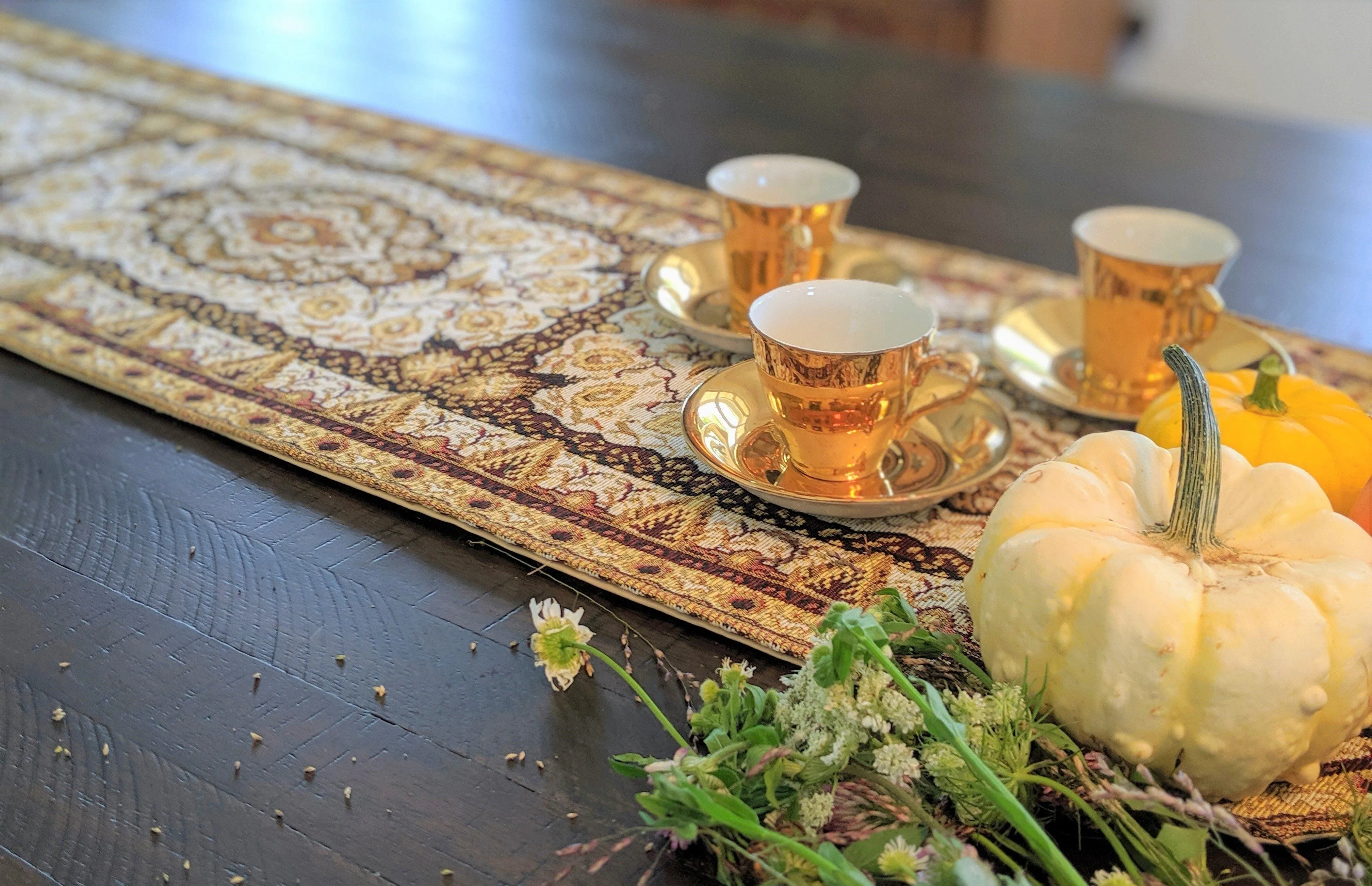 DaDa Bedding Set of 8 Pieces Persian Style Rug Golden Floral Table Woven Tapestry - 4 Placemats, 2 Table Runners, 2 Throw Pillow Covers (18119)