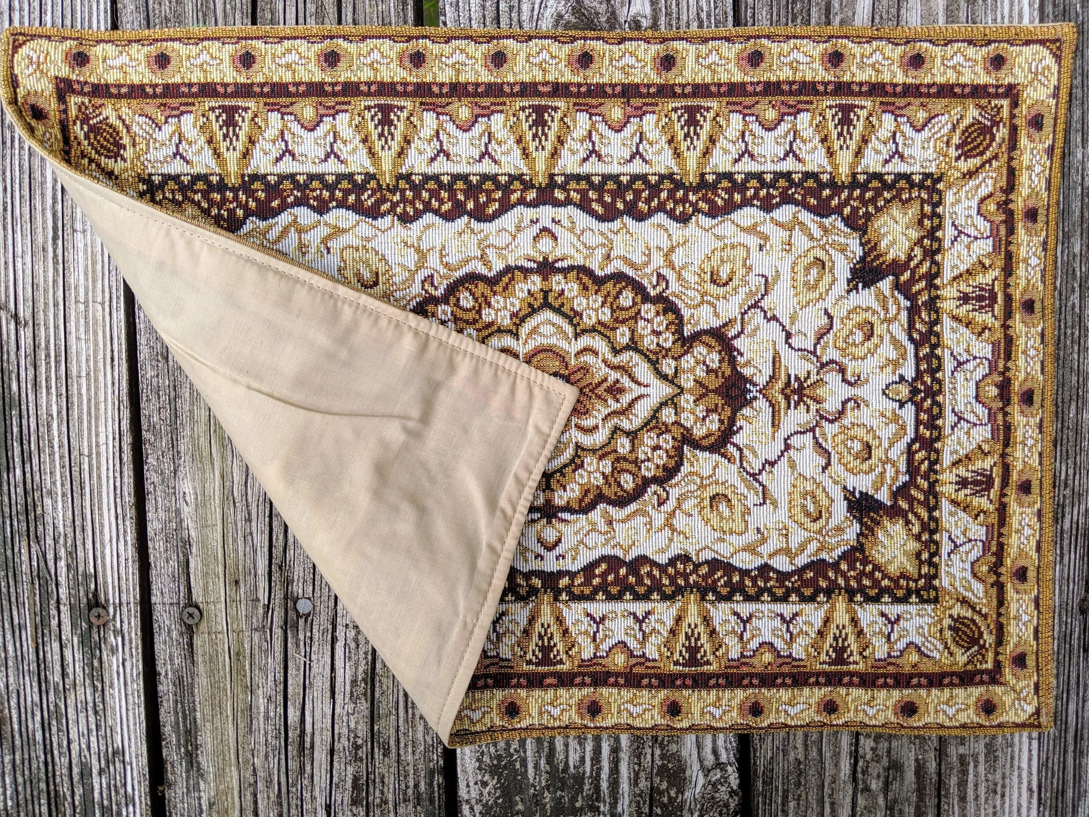 DaDa Bedding Set of 8 Pieces Persian Style Rug Golden Floral Table Woven Tapestry - 4 Placemats, 2 Table Runners, 2 Throw Pillow Covers (18119)