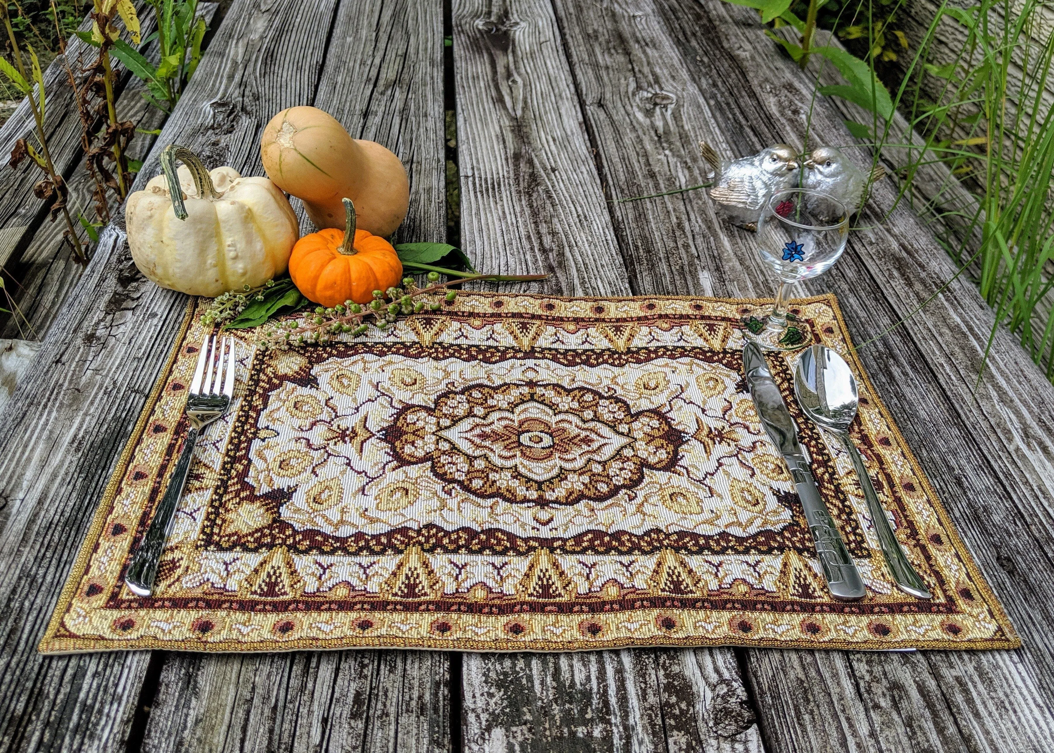 DaDa Bedding Set of 8 Pieces Persian Style Rug Golden Floral Table Woven Tapestry - 4 Placemats, 2 Table Runners, 2 Throw Pillow Covers (18119)
