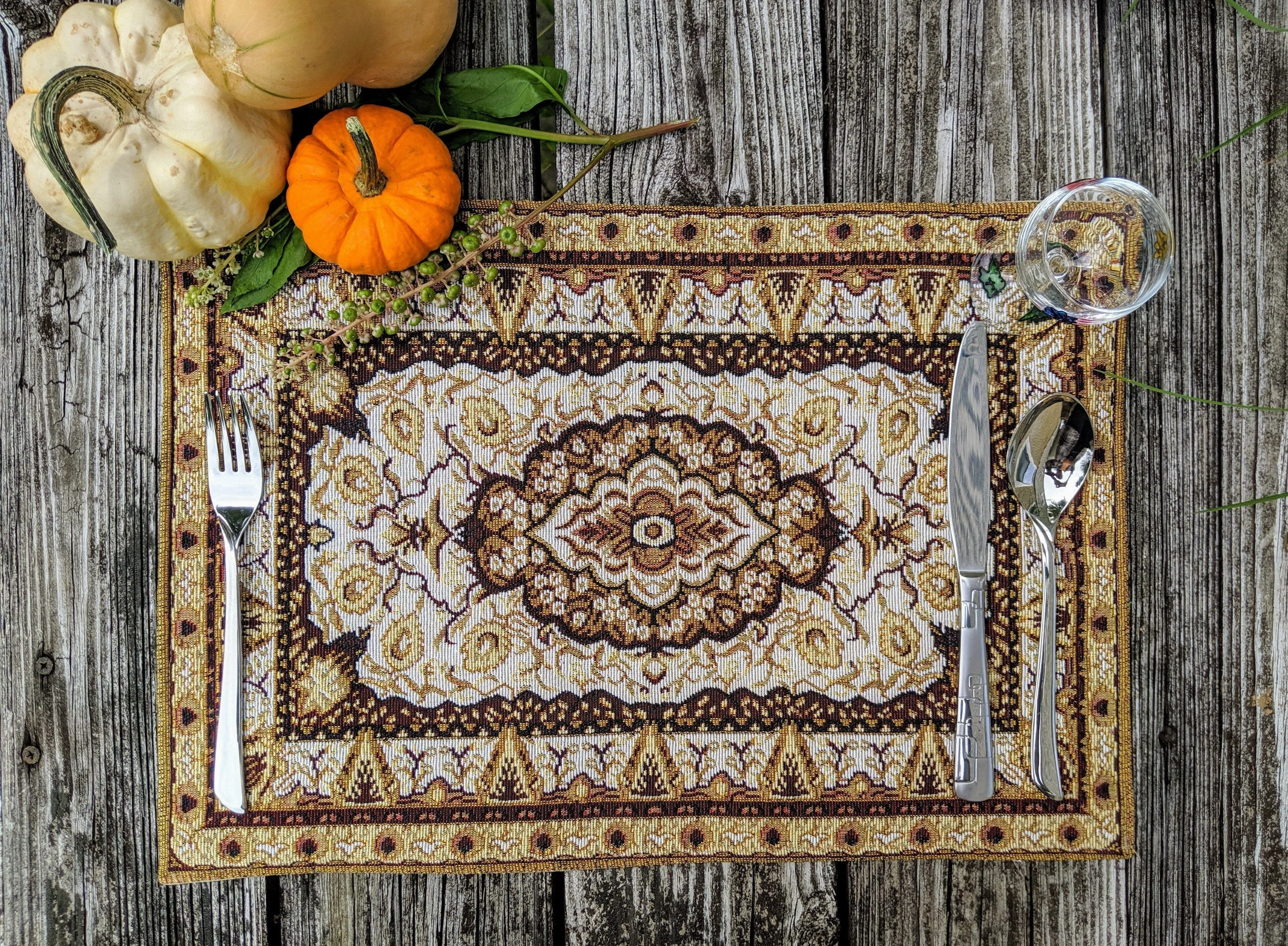 DaDa Bedding Set of 8 Pieces Persian Style Rug Golden Floral Table Woven Tapestry - 4 Placemats, 2 Table Runners, 2 Throw Pillow Covers (18119)