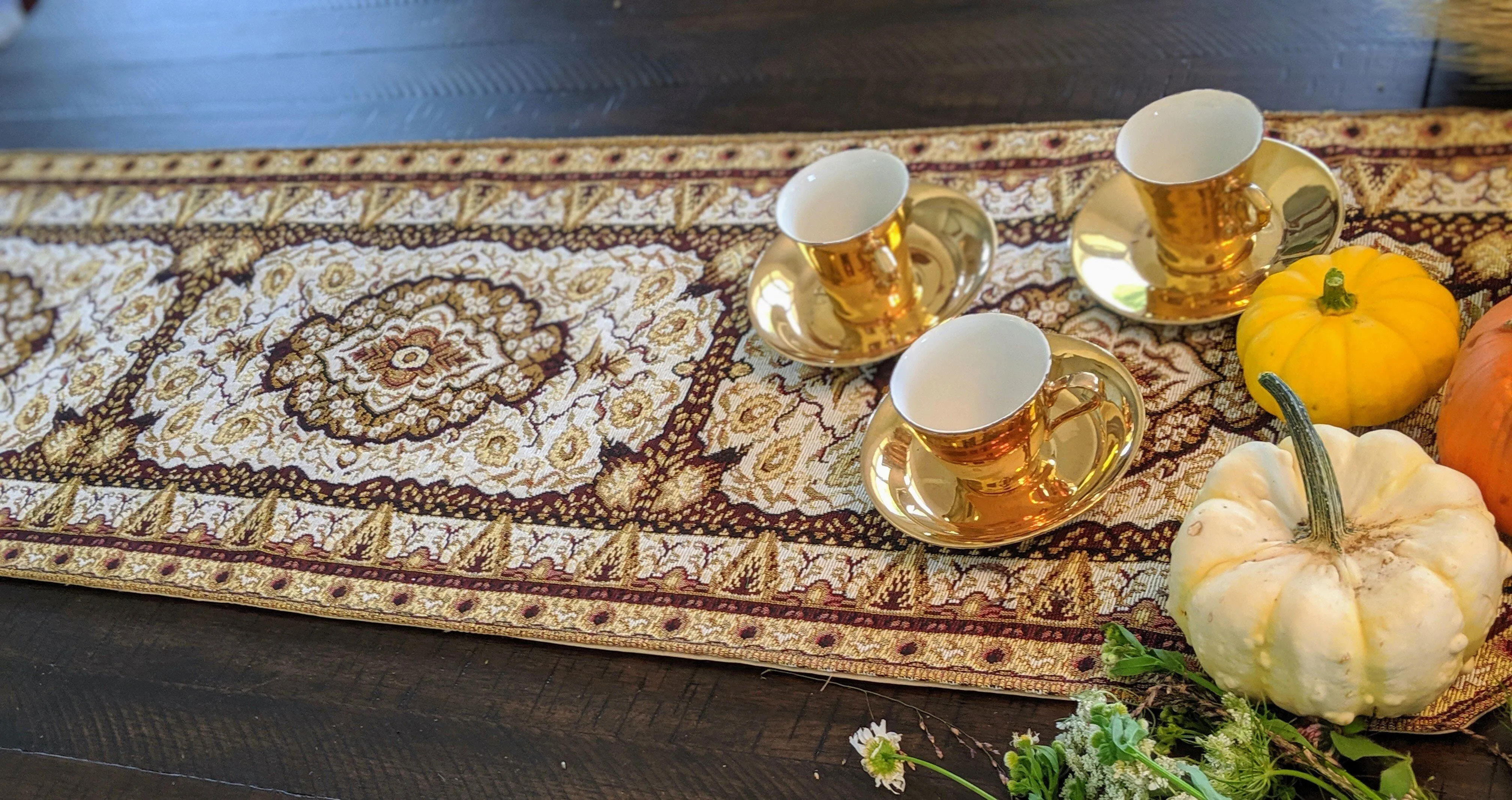 DaDa Bedding Set of 8 Pieces Persian Style Rug Golden Floral Table Woven Tapestry - 4 Placemats, 2 Table Runners, 2 Throw Pillow Covers (18119)