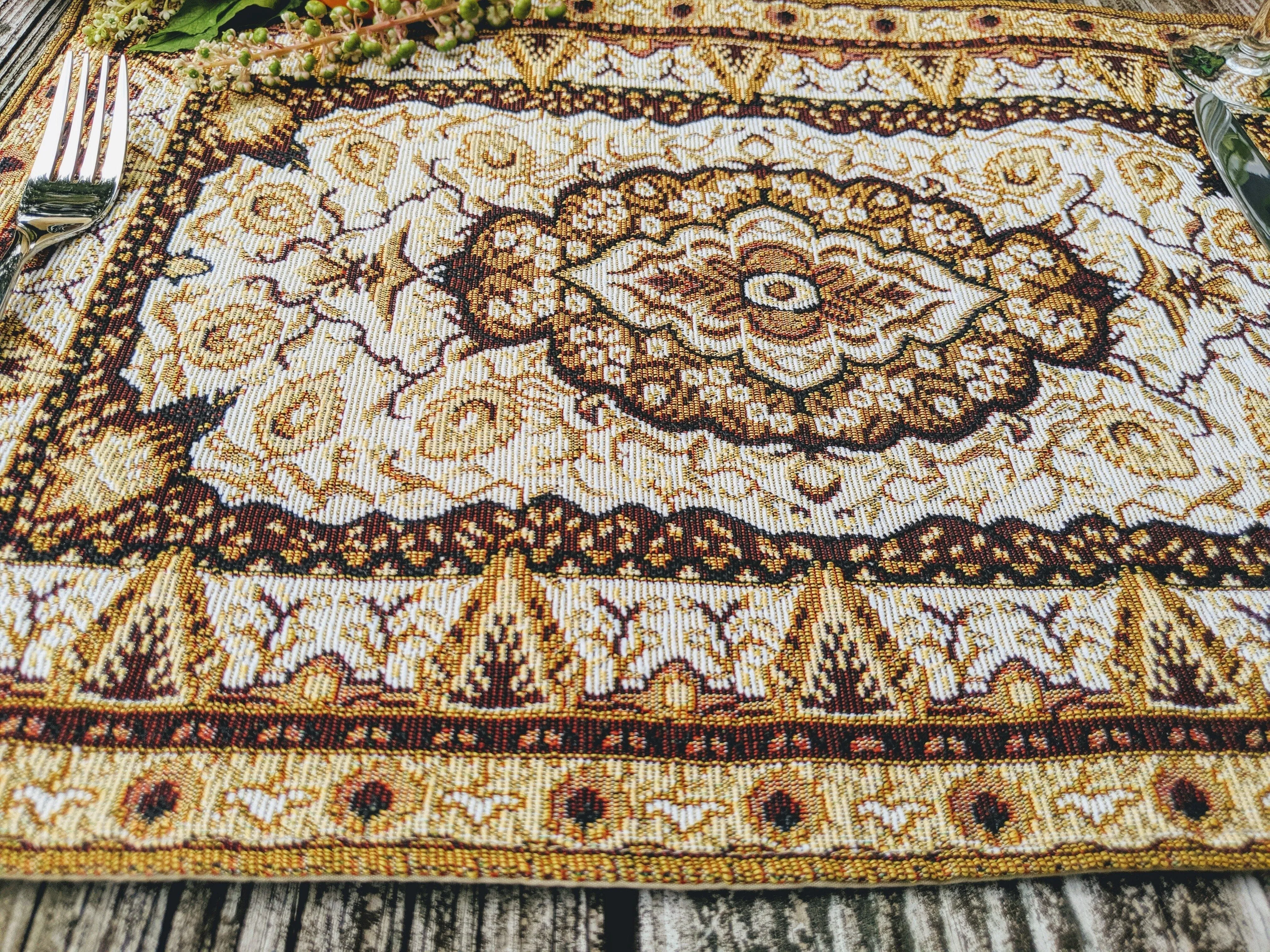 DaDa Bedding Set of 8 Pieces Persian Style Rug Golden Floral Table Woven Tapestry - 4 Placemats, 2 Table Runners, 2 Throw Pillow Covers (18119)
