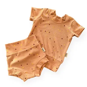 Dainty Hearts on Camel Ribbed Summer Lounge Set