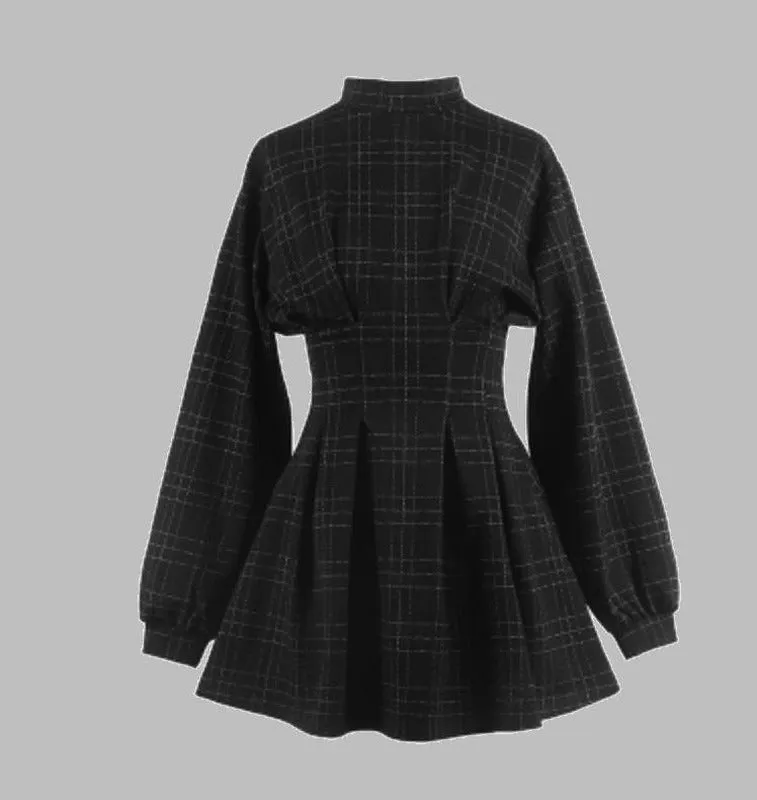 Dark Gothic Festive Vintage Mini Dress Fluffy Sleeves Plaid A Lined Hipster Retro Style Skirt High Waist