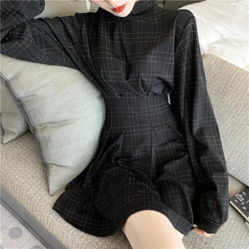 Dark Gothic Festive Vintage Mini Dress Fluffy Sleeves Plaid A Lined Hipster Retro Style Skirt High Waist