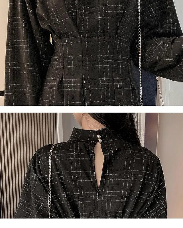 Dark Gothic Festive Vintage Mini Dress Fluffy Sleeves Plaid A Lined Hipster Retro Style Skirt High Waist