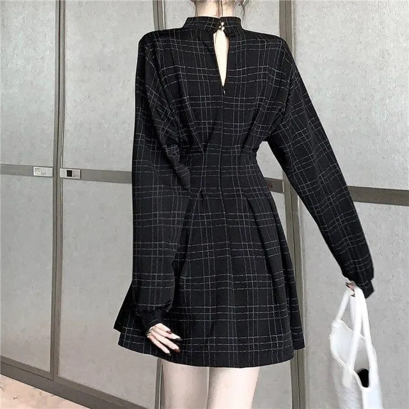 Dark Gothic Festive Vintage Mini Dress Fluffy Sleeves Plaid A Lined Hipster Retro Style Skirt High Waist