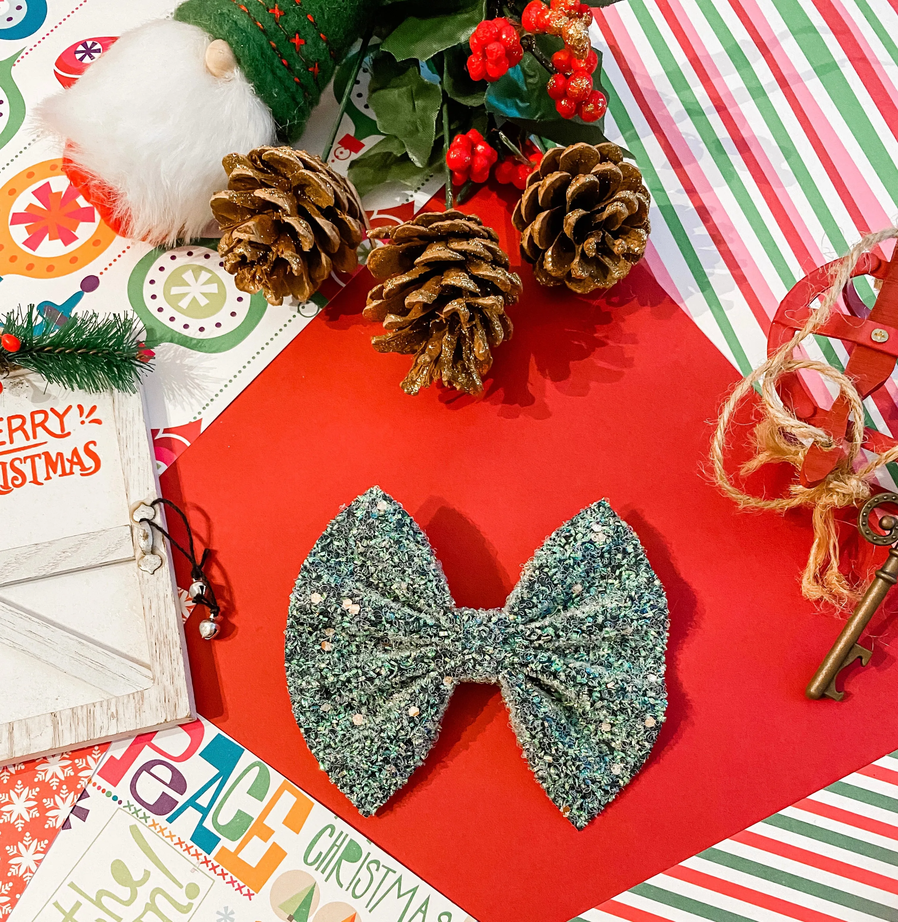 Dark Green Blue Tinsel Glitter Bow Headband | Hair Clip