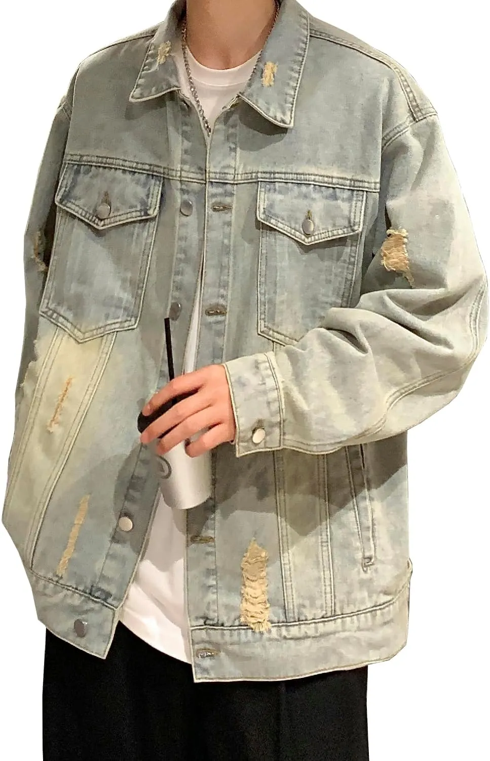 DAVID.ANN Men's Trucker Coat Ripped Denim Jackets