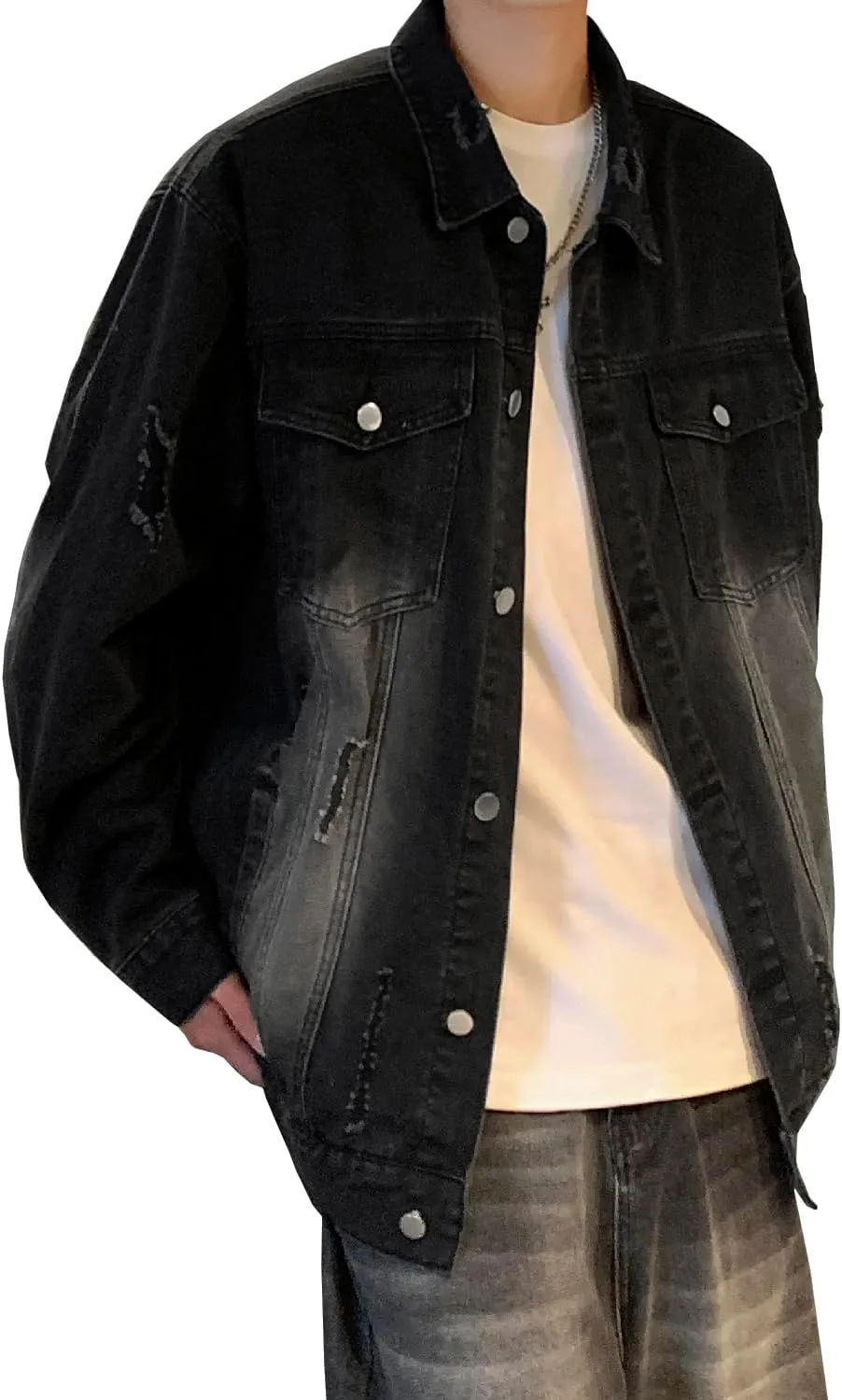 DAVID.ANN Men's Trucker Coat Ripped Denim Jackets