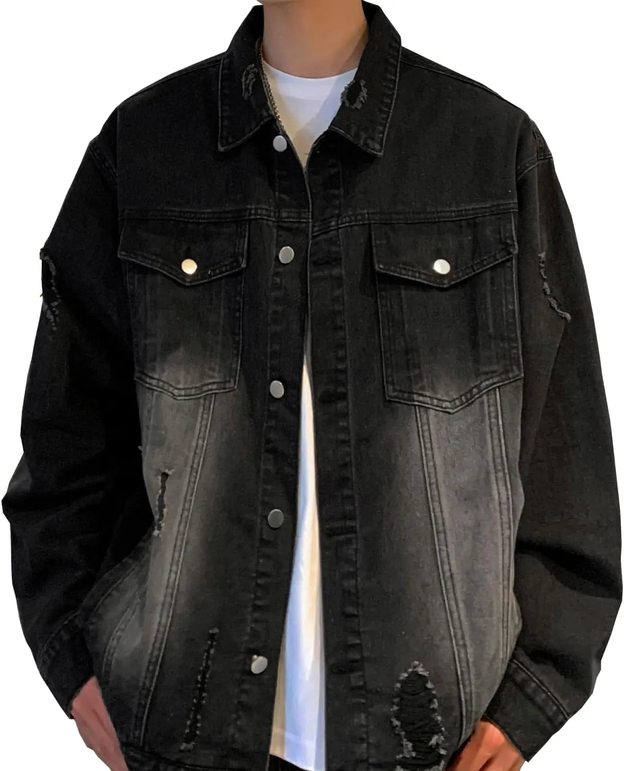 DAVID.ANN Men's Trucker Coat Ripped Denim Jackets
