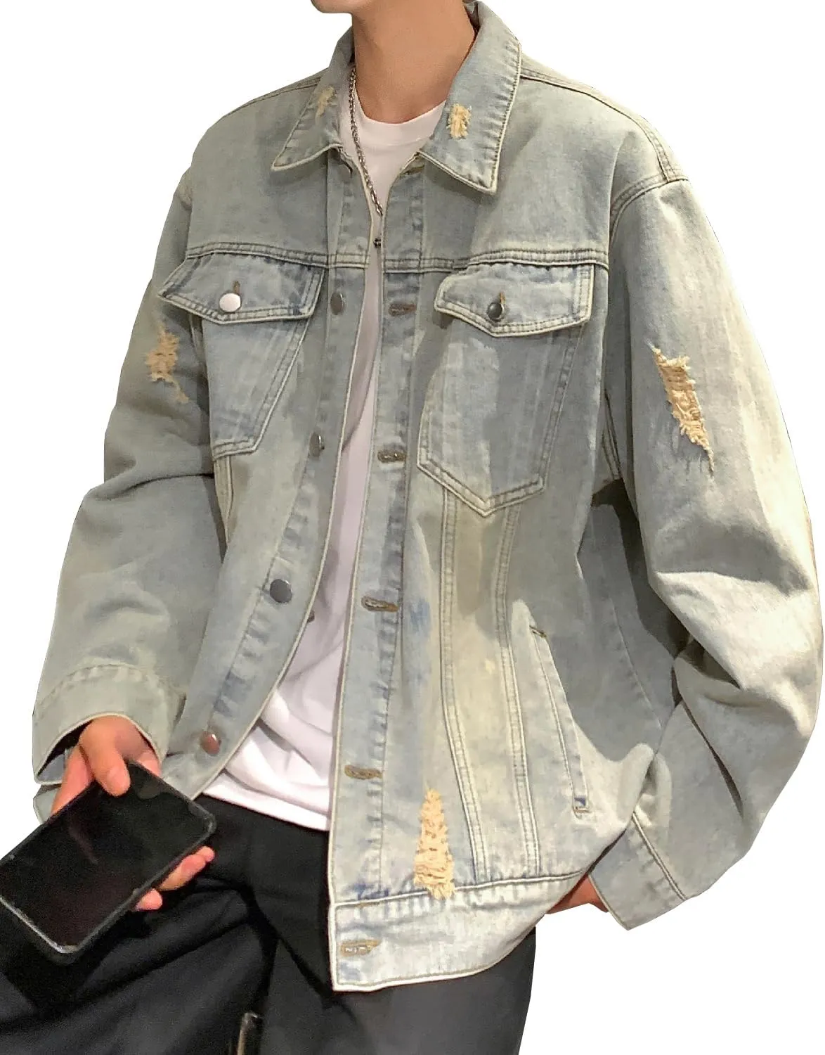 DAVID.ANN Men's Trucker Coat Ripped Denim Jackets