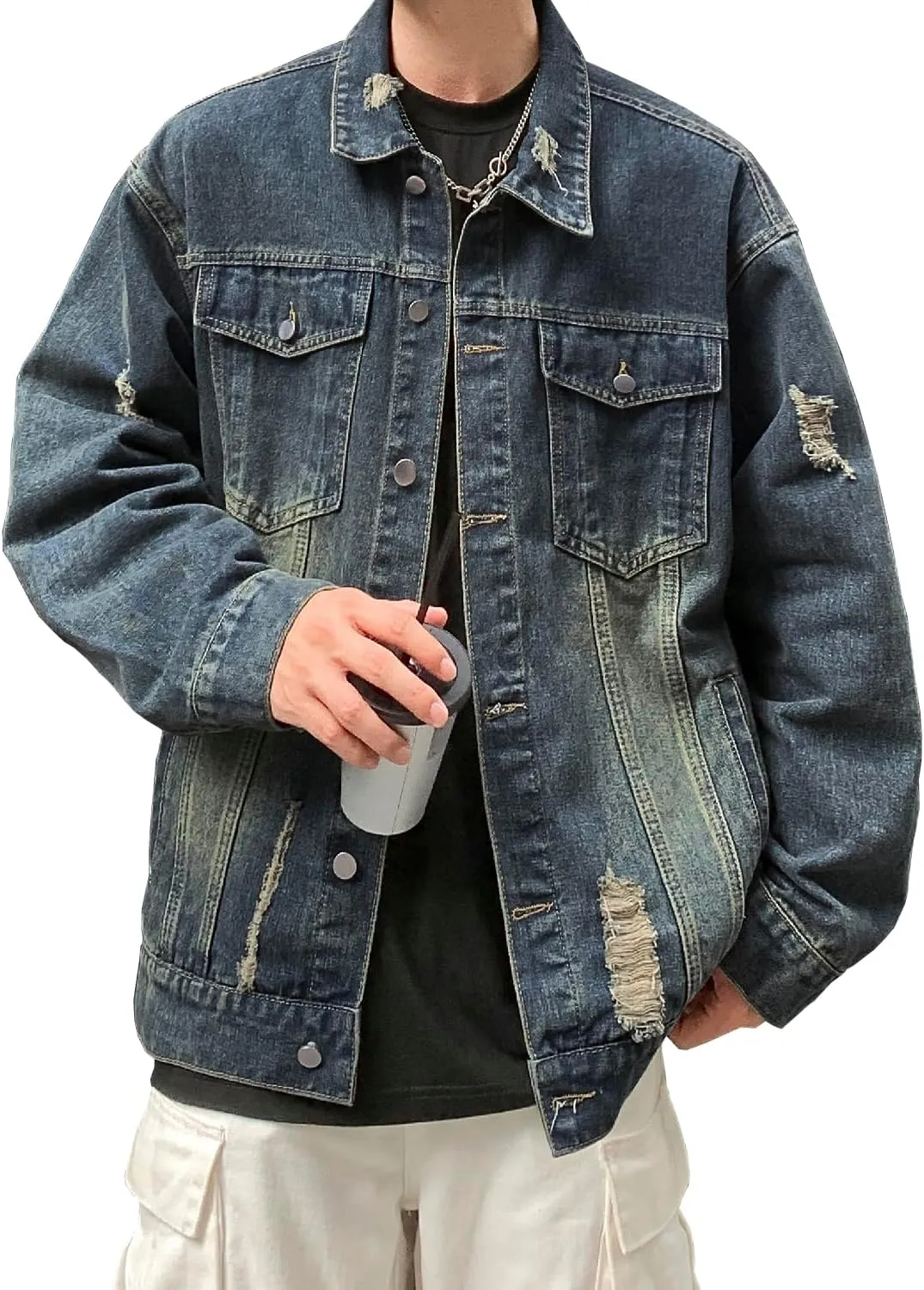 DAVID.ANN Men's Trucker Coat Ripped Denim Jackets
