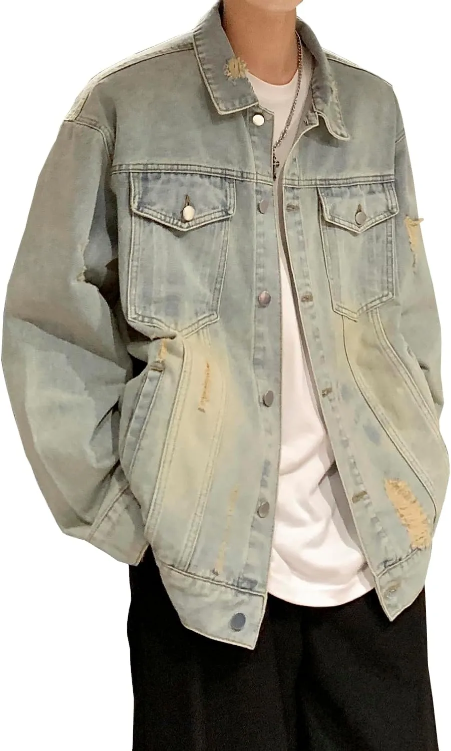 DAVID.ANN Men's Trucker Coat Ripped Denim Jackets