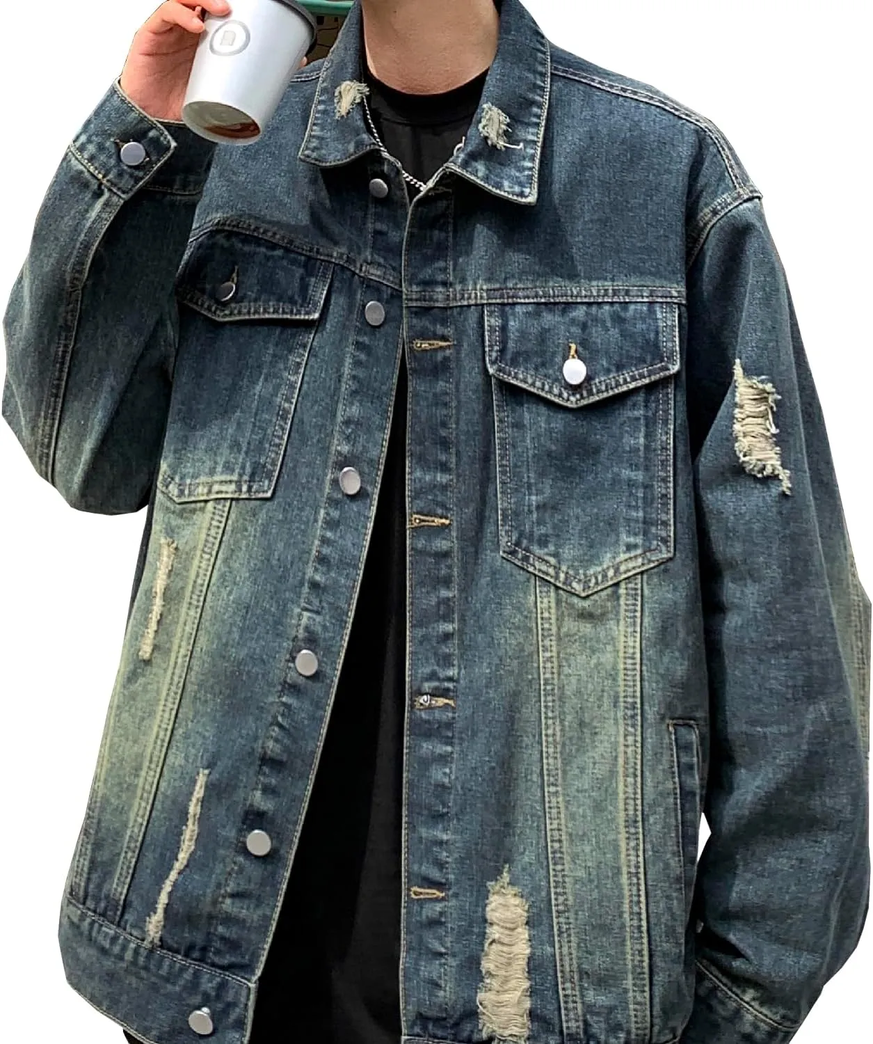 DAVID.ANN Men's Trucker Coat Ripped Denim Jackets