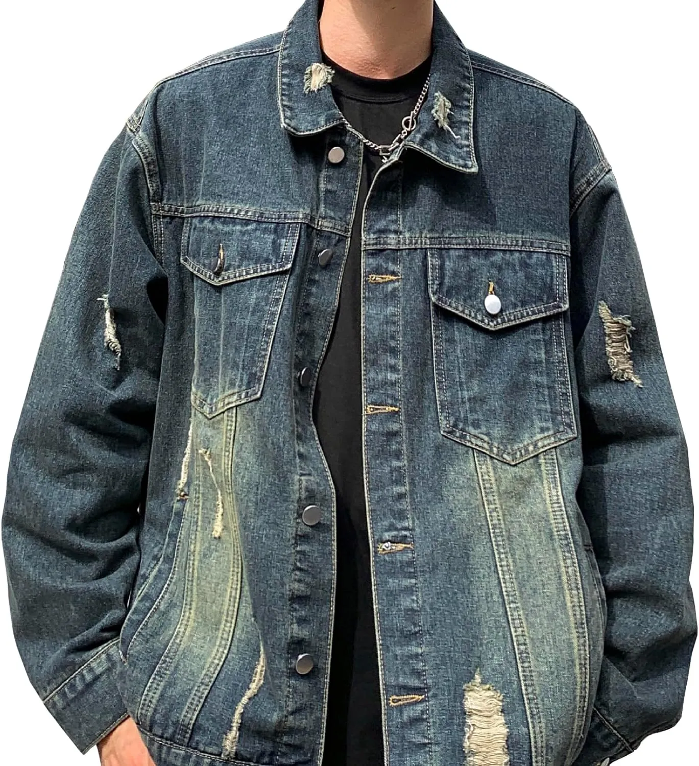 DAVID.ANN Men's Trucker Coat Ripped Denim Jackets