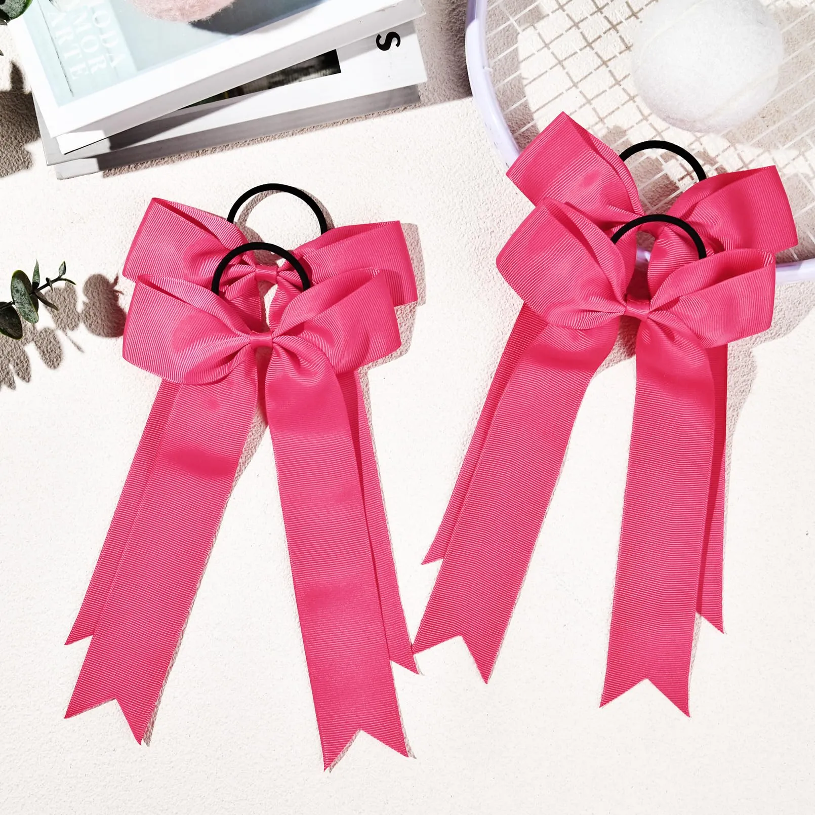 DEEKA 16 PCS Collegiate Style Cheer Bows Long Tail Skinny Cheer Bow Ponytail Holder Handmade Bows for Girls Teens Softball Cheerleader Sports -Shocking Pink