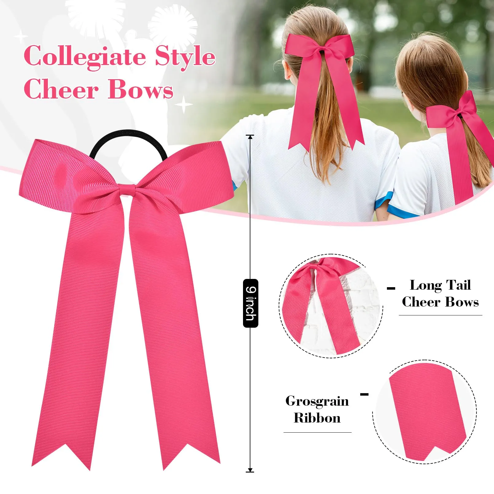 DEEKA 16 PCS Collegiate Style Cheer Bows Long Tail Skinny Cheer Bow Ponytail Holder Handmade Bows for Girls Teens Softball Cheerleader Sports -Shocking Pink