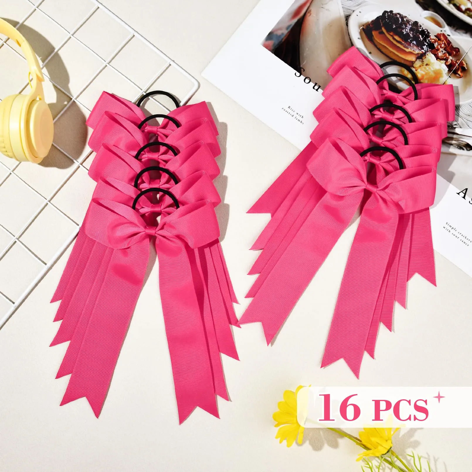 DEEKA 16 PCS Collegiate Style Cheer Bows Long Tail Skinny Cheer Bow Ponytail Holder Handmade Bows for Girls Teens Softball Cheerleader Sports -Shocking Pink