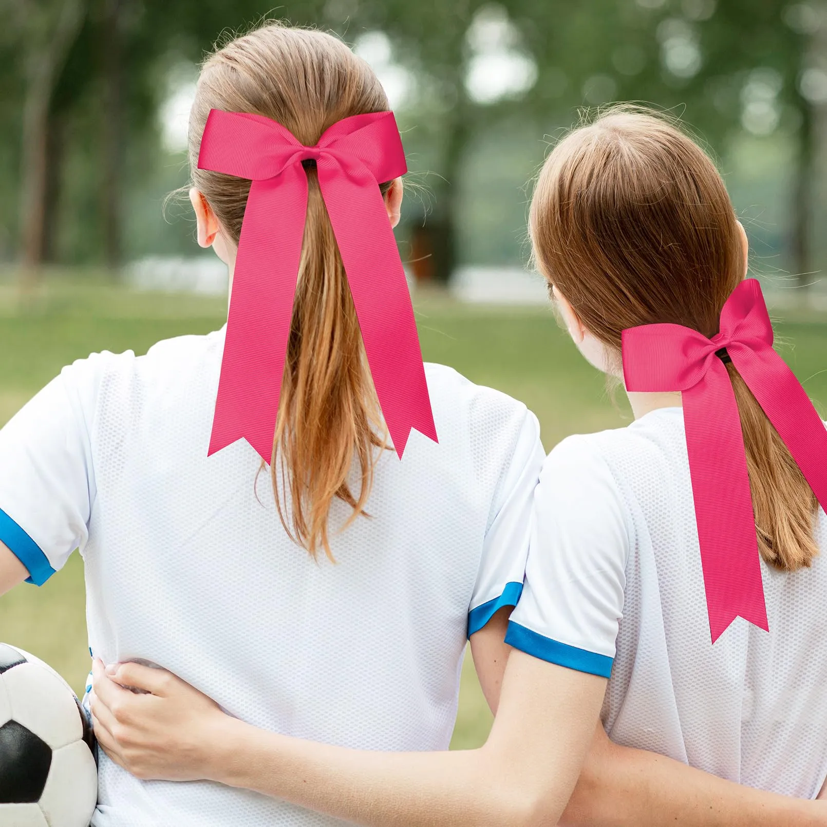 DEEKA 16 PCS Collegiate Style Cheer Bows Long Tail Skinny Cheer Bow Ponytail Holder Handmade Bows for Girls Teens Softball Cheerleader Sports -Shocking Pink