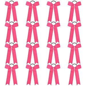 DEEKA 16 PCS Collegiate Style Cheer Bows Long Tail Skinny Cheer Bow Ponytail Holder Handmade Bows for Girls Teens Softball Cheerleader Sports -Shocking Pink