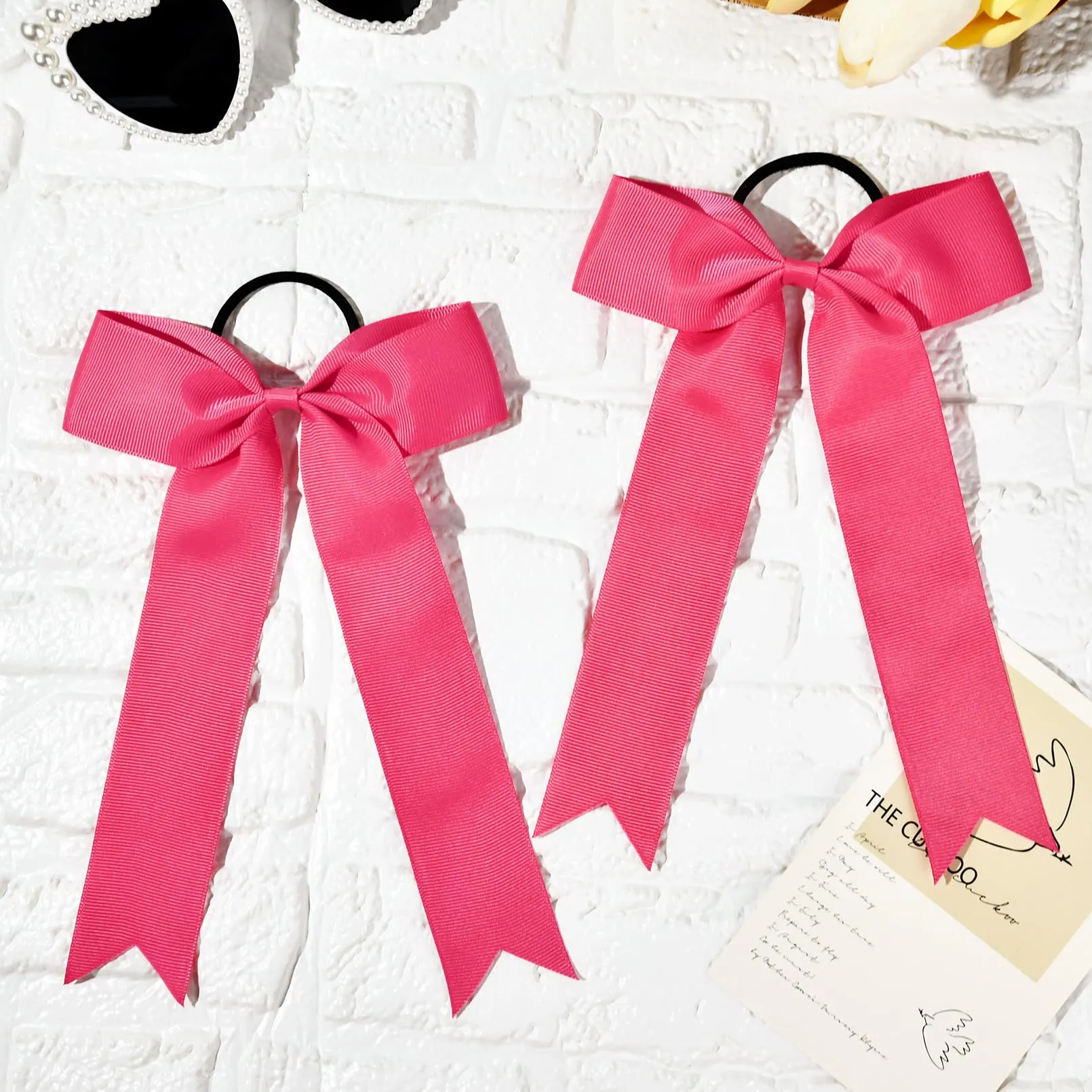 DEEKA 16 PCS Collegiate Style Cheer Bows Long Tail Skinny Cheer Bow Ponytail Holder Handmade Bows for Girls Teens Softball Cheerleader Sports -Shocking Pink