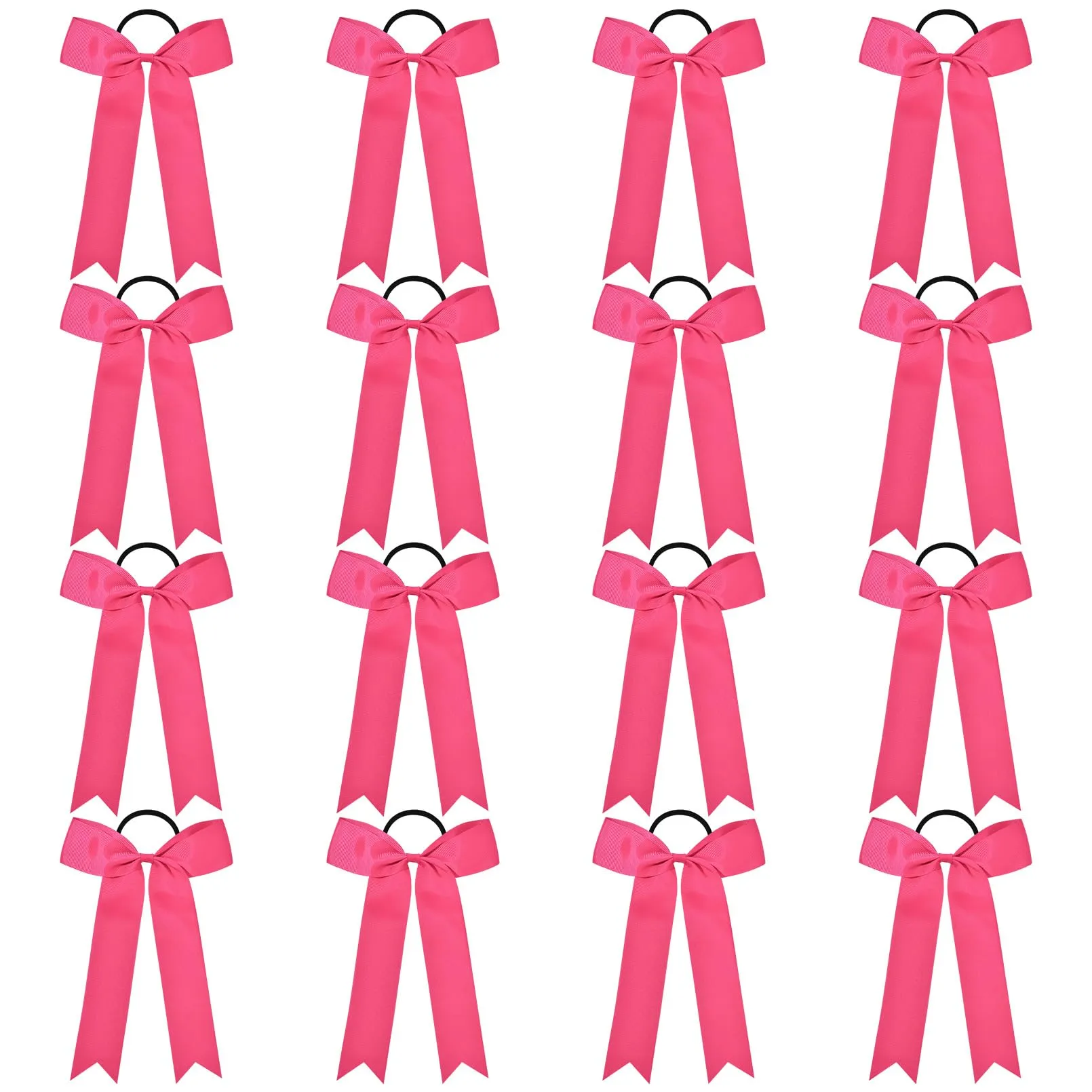DEEKA 16 PCS Collegiate Style Cheer Bows Long Tail Skinny Cheer Bow Ponytail Holder Handmade Bows for Girls Teens Softball Cheerleader Sports -Shocking Pink