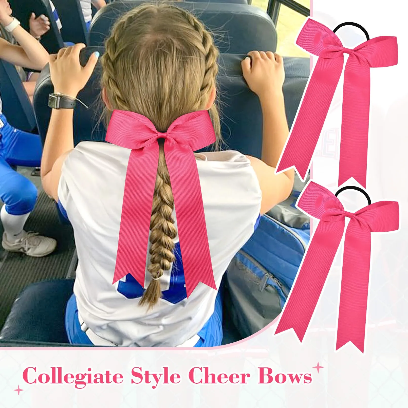 DEEKA 16 PCS Collegiate Style Cheer Bows Long Tail Skinny Cheer Bow Ponytail Holder Handmade Bows for Girls Teens Softball Cheerleader Sports -Shocking Pink