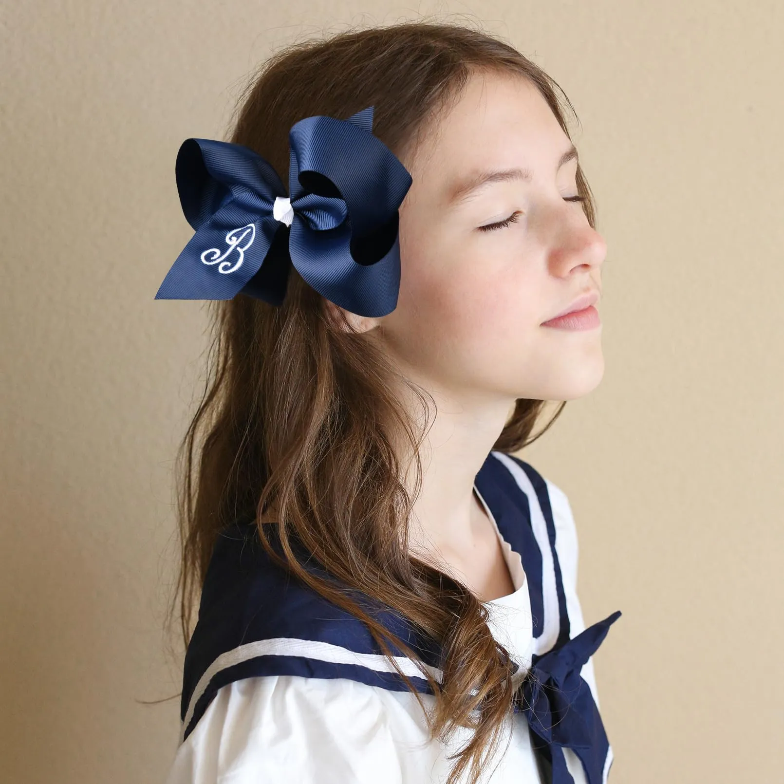 DEEKA Initial Hair Bows 2 PCS 6" Monogrammed Bows Grosgrain Ribbon Alligator Clips Personalized Hair Accessories for Toddlers Girls Little Kids - Navy B