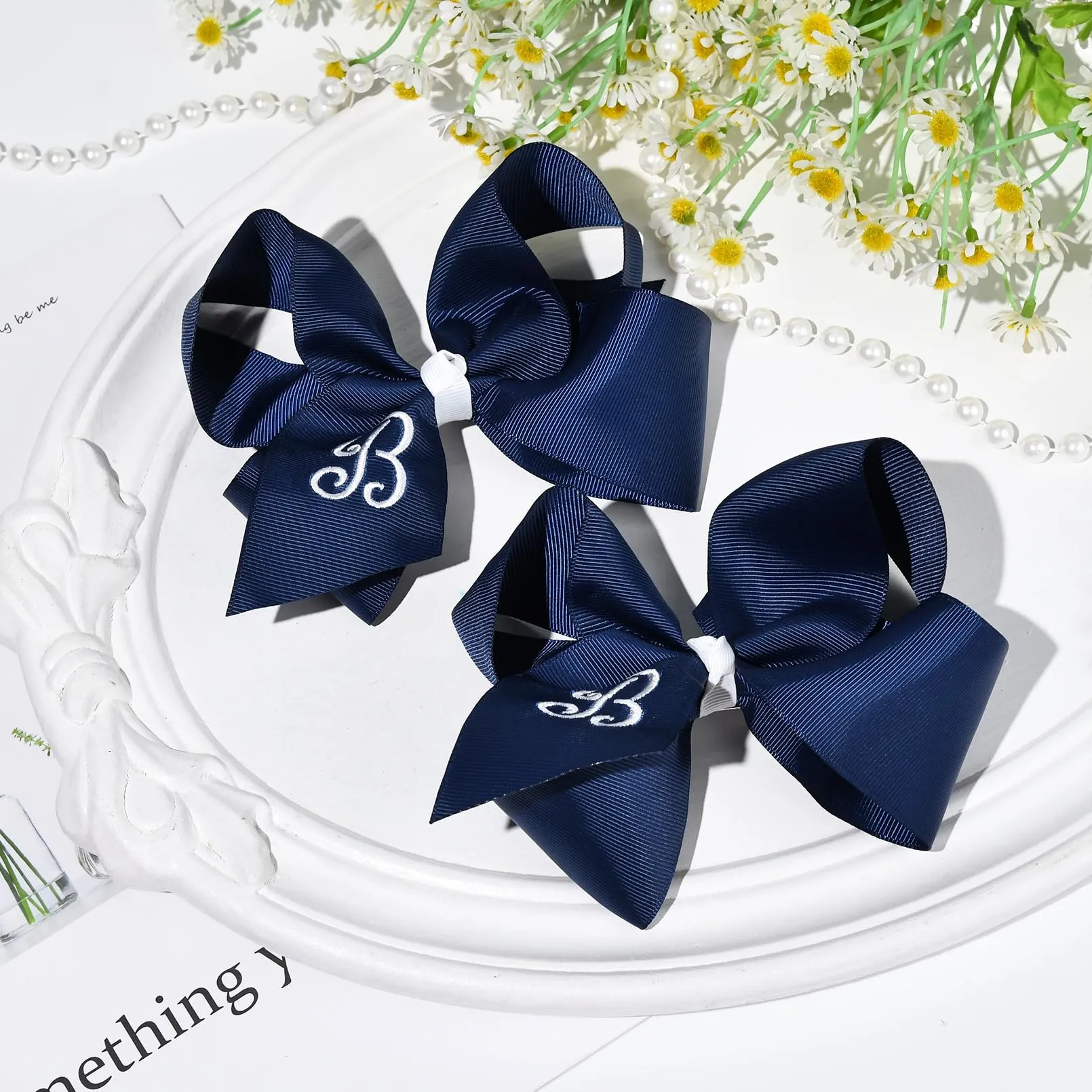 DEEKA Initial Hair Bows 2 PCS 6" Monogrammed Bows Grosgrain Ribbon Alligator Clips Personalized Hair Accessories for Toddlers Girls Little Kids - Navy B