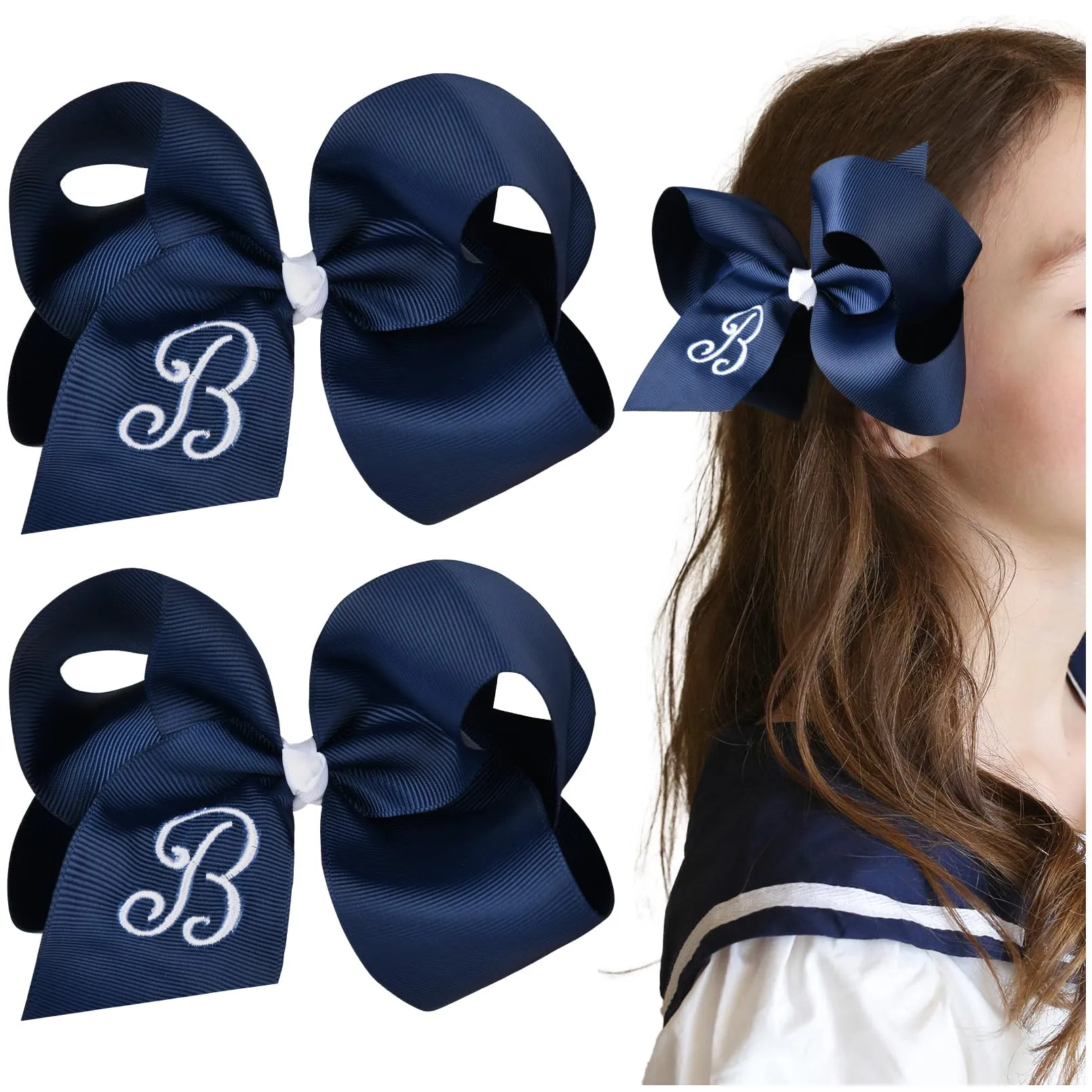 DEEKA Initial Hair Bows 2 PCS 6" Monogrammed Bows Grosgrain Ribbon Alligator Clips Personalized Hair Accessories for Toddlers Girls Little Kids - Navy B