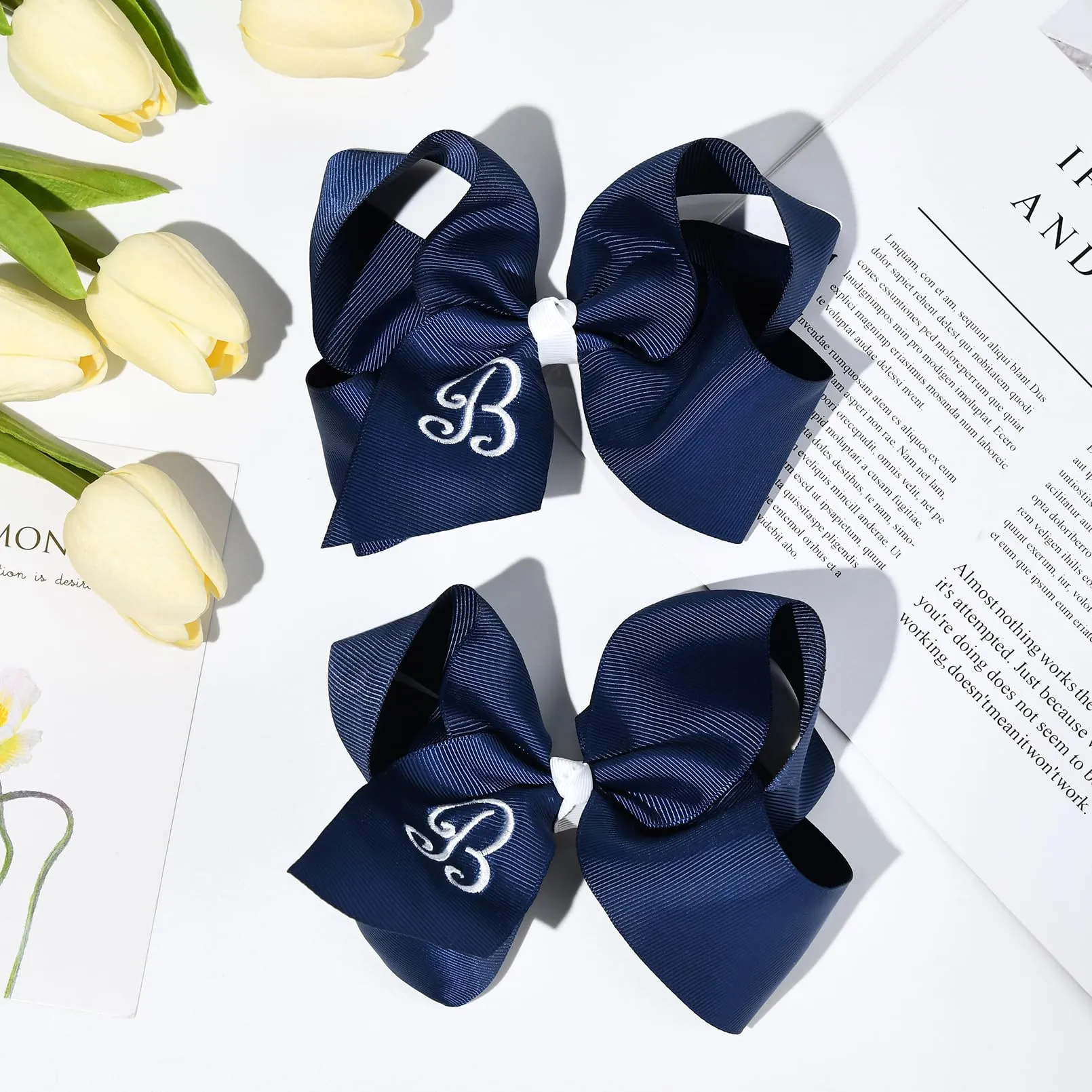 DEEKA Initial Hair Bows 2 PCS 6" Monogrammed Bows Grosgrain Ribbon Alligator Clips Personalized Hair Accessories for Toddlers Girls Little Kids - Navy B
