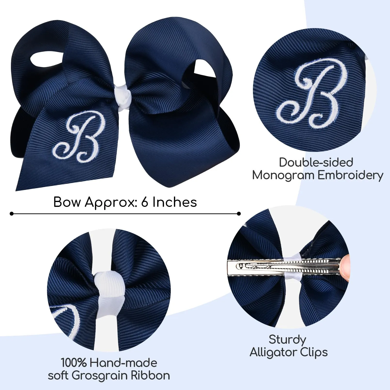 DEEKA Initial Hair Bows 2 PCS 6" Monogrammed Bows Grosgrain Ribbon Alligator Clips Personalized Hair Accessories for Toddlers Girls Little Kids - Navy B