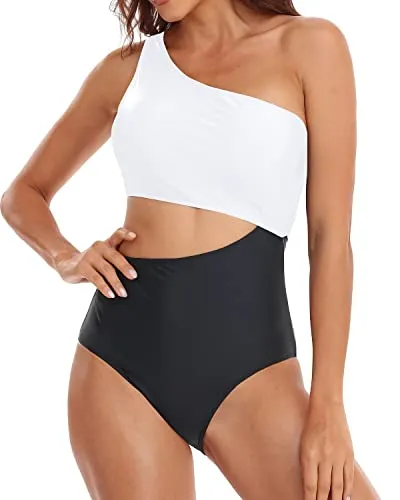 Deep Cutout Opening High Waisted Cutout One Piece Swimsuits-White
