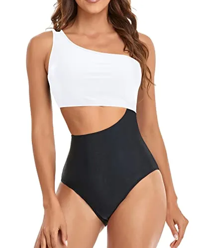 Deep Cutout Opening High Waisted Cutout One Piece Swimsuits-White