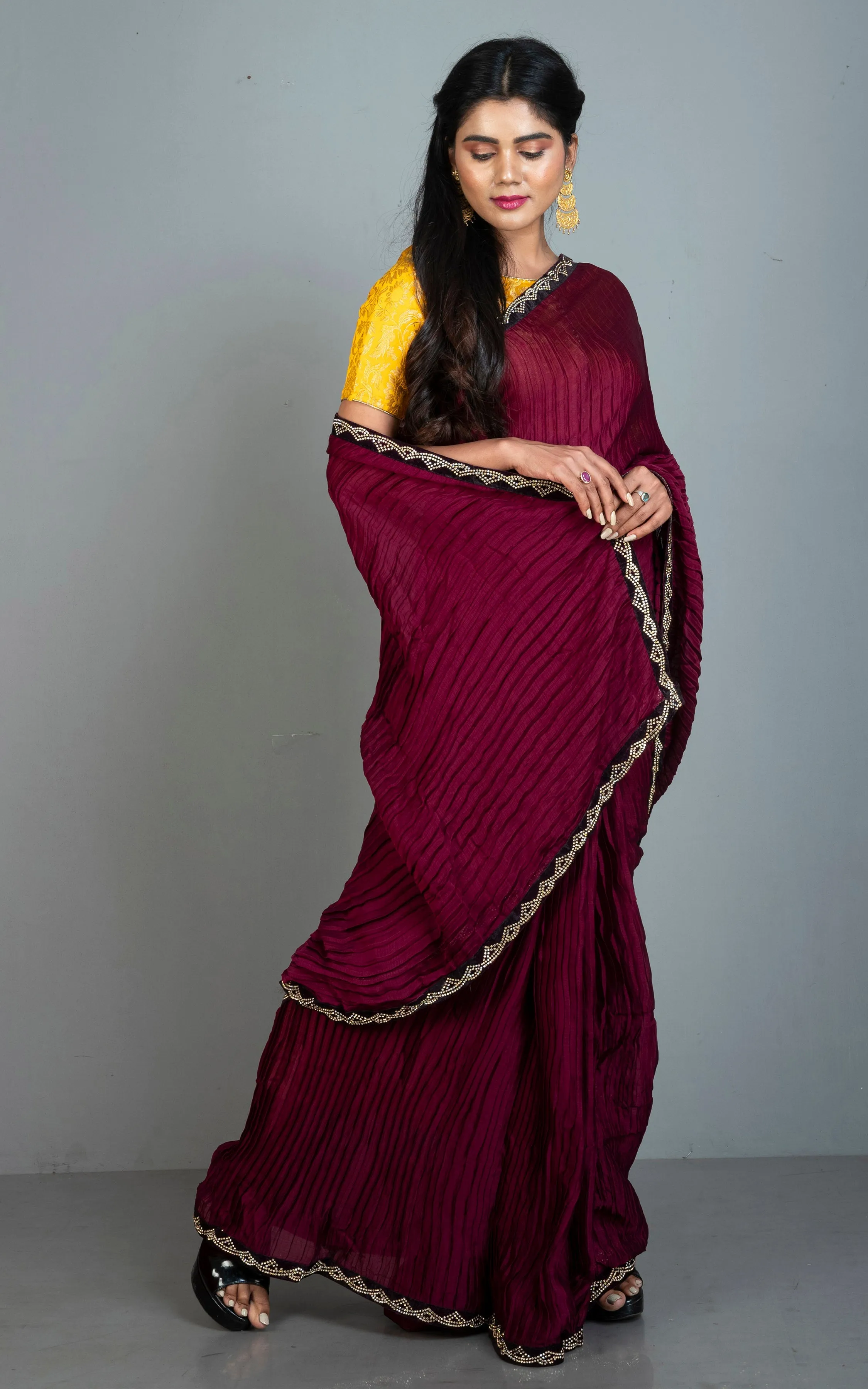 Designer Italian Crepe Silk Ruffle Saree in Dark Wine and Black