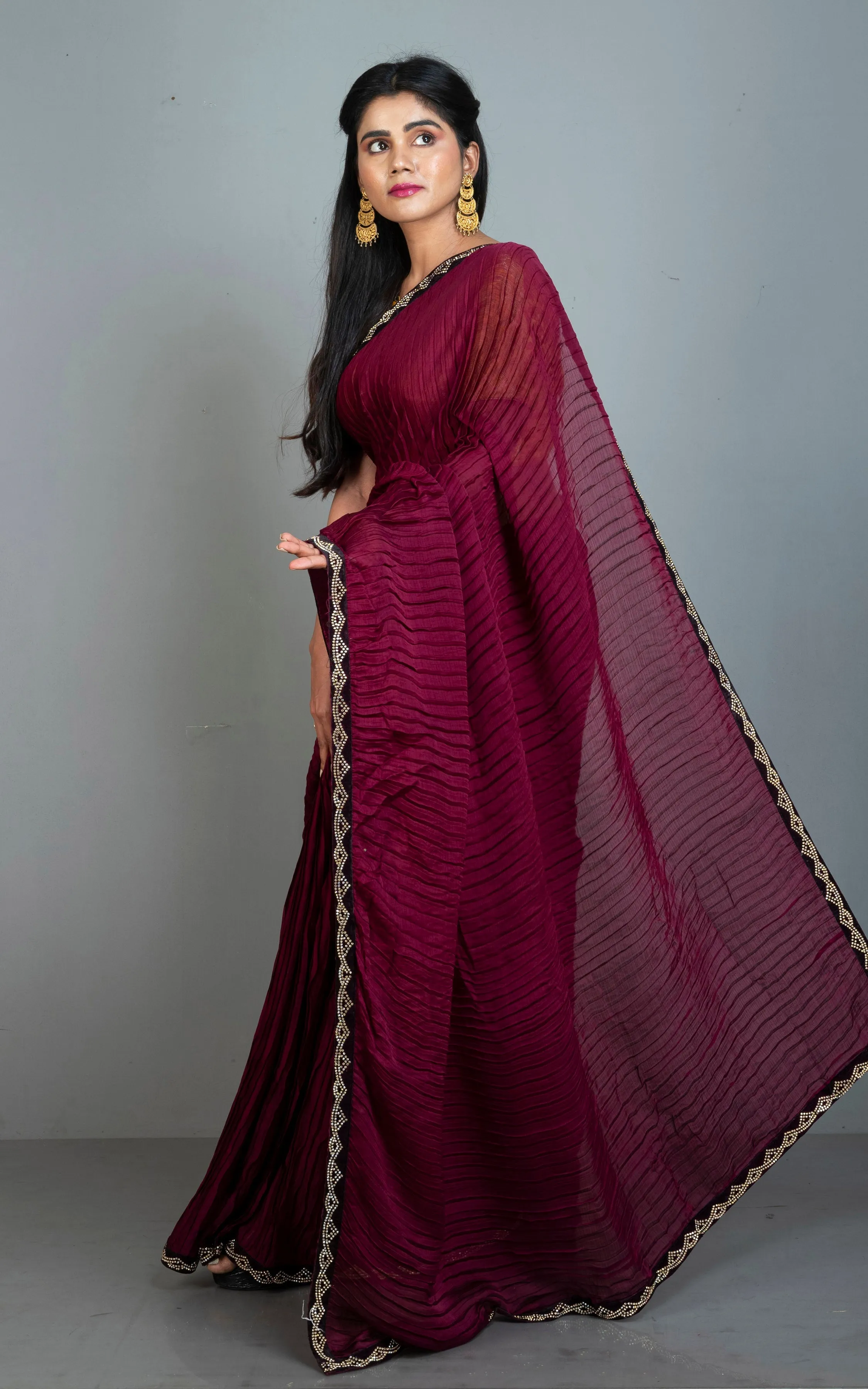 Designer Italian Crepe Silk Ruffle Saree in Dark Wine and Black