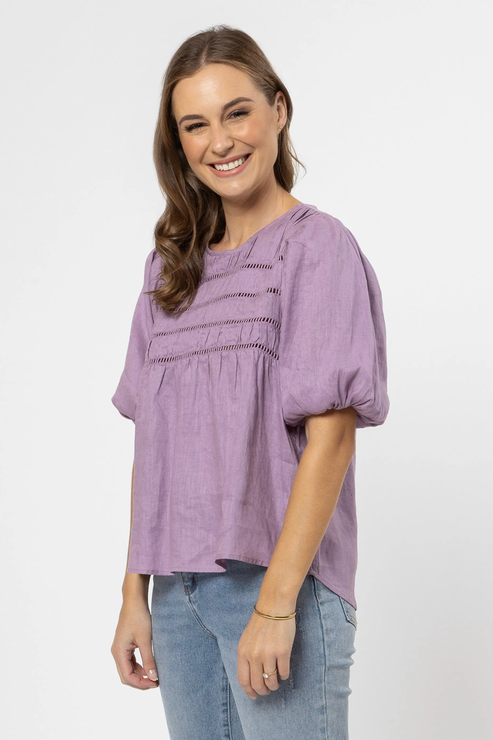 Desire Lilac Linen Lace Trim Bubble SS Top