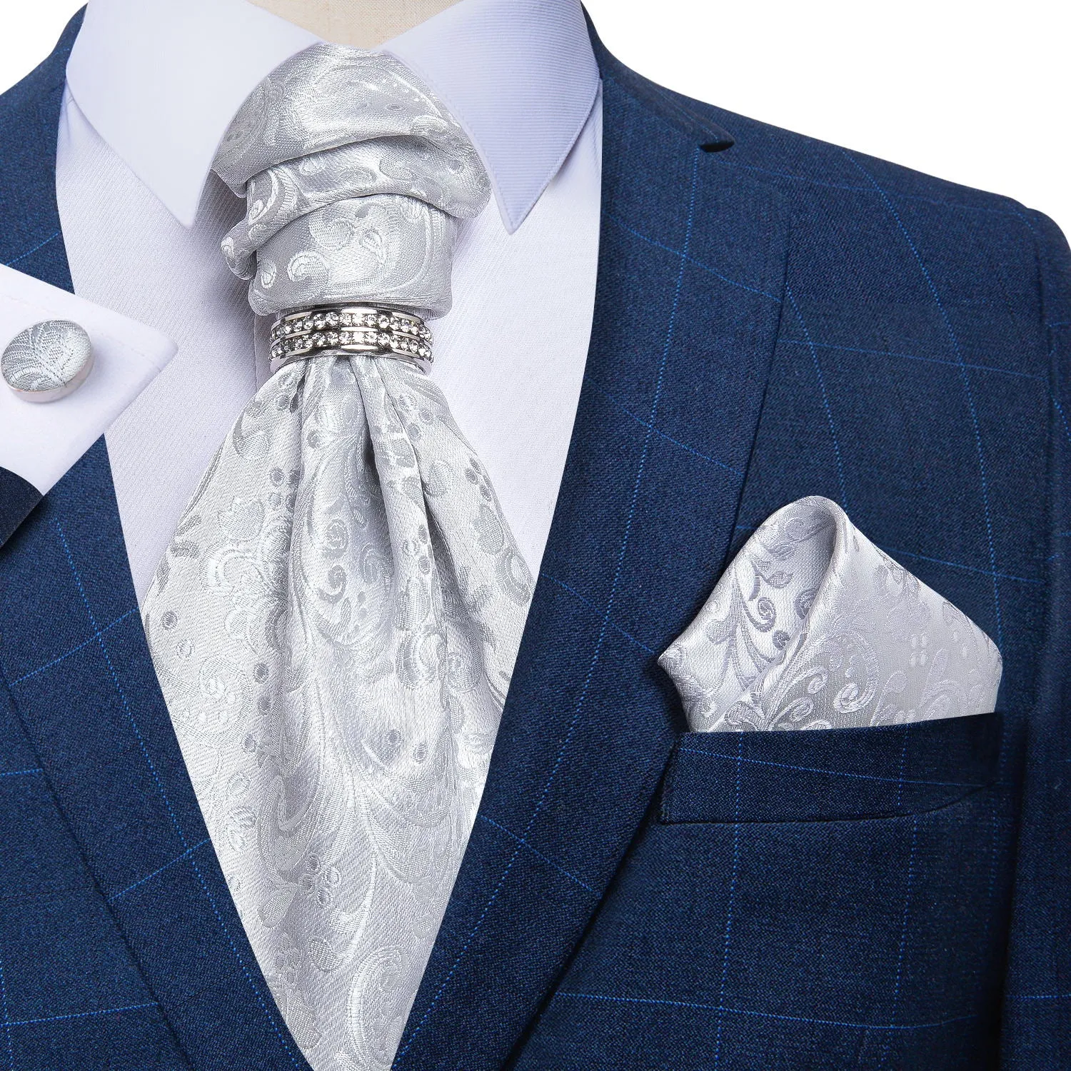 DiBanGu Ascot Tie Silver Floral Silk Cravat Woven Ascot Tie Pocket Square Cufflinks With Tie Ring Set