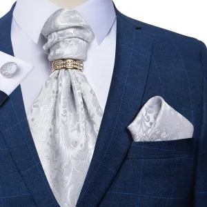 DiBanGu Ascot Tie Silver Floral Silk Cravat Woven Ascot Tie Pocket Square Cufflinks With Tie Ring Set