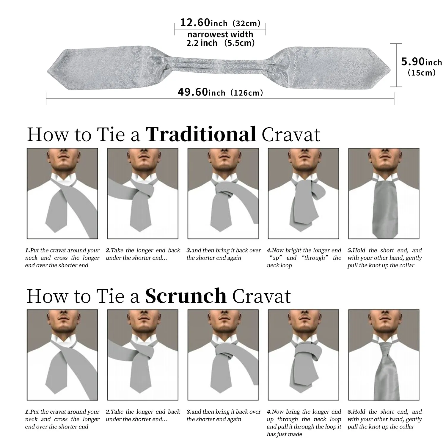 DiBanGu Ascot Tie Silver Floral Silk Cravat Woven Ascot Tie Pocket Square Cufflinks With Tie Ring Set