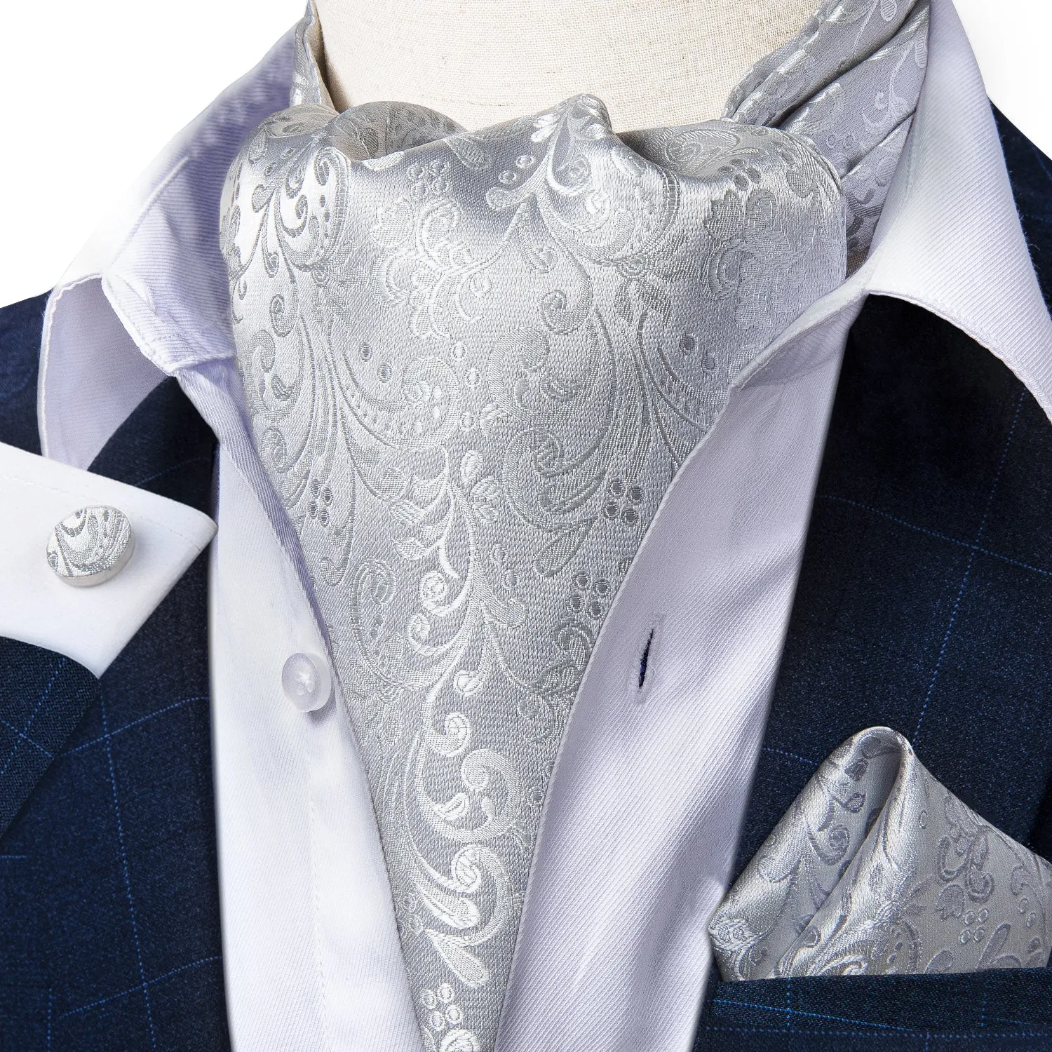 DiBanGu Ascot Tie Silver Floral Silk Cravat Woven Ascot Tie Pocket Square Cufflinks With Tie Ring Set