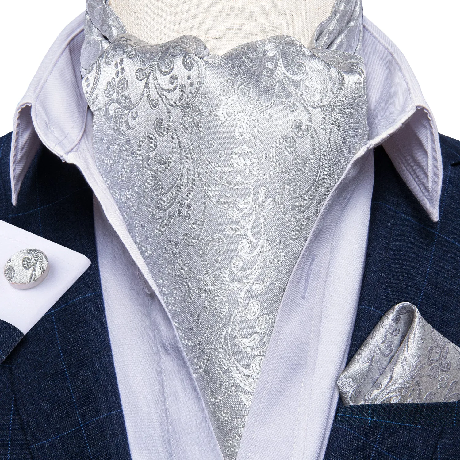 DiBanGu Ascot Tie Silver Floral Silk Cravat Woven Ascot Tie Pocket Square Cufflinks With Tie Ring Set