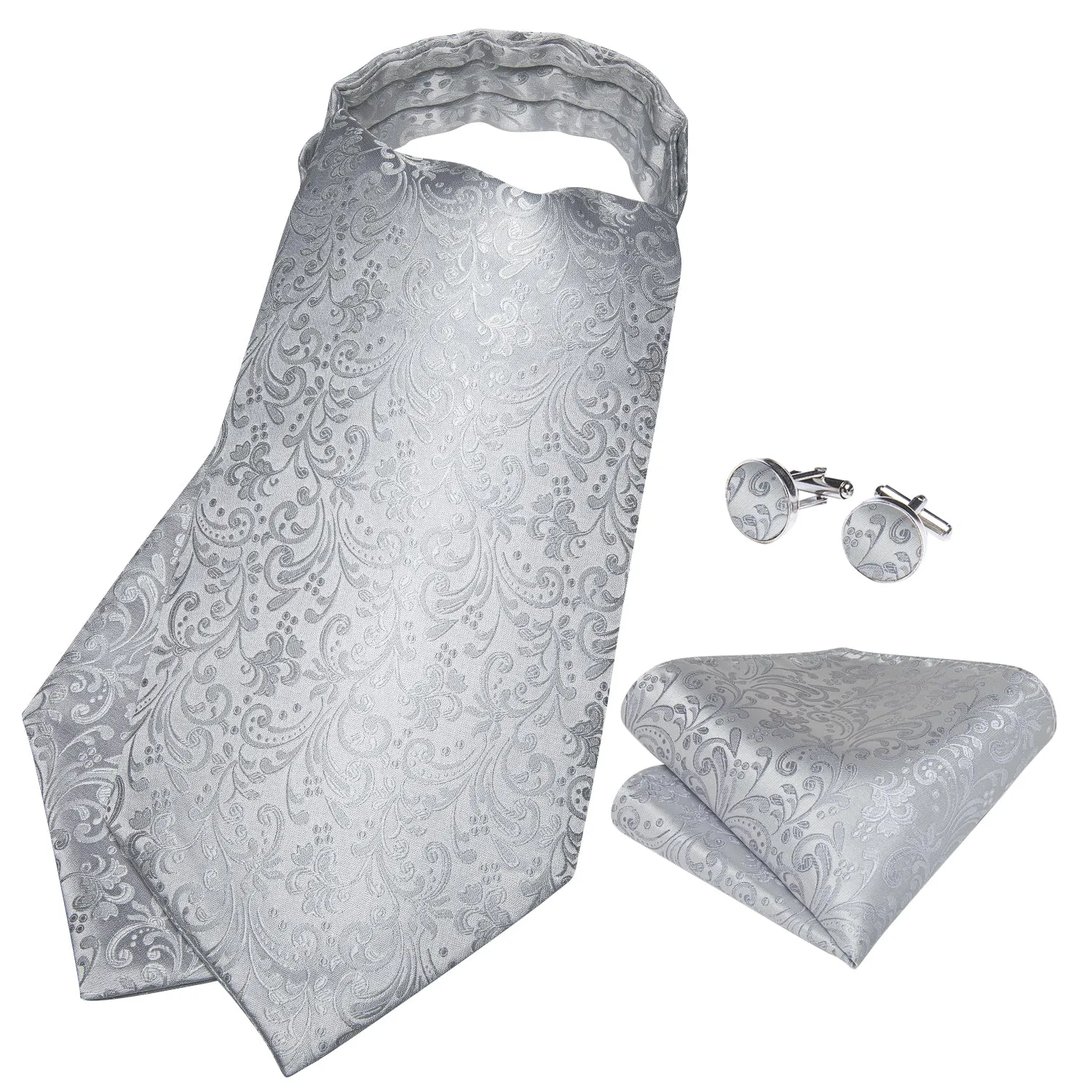 DiBanGu Ascot Tie Silver Floral Silk Cravat Woven Ascot Tie Pocket Square Cufflinks With Tie Ring Set